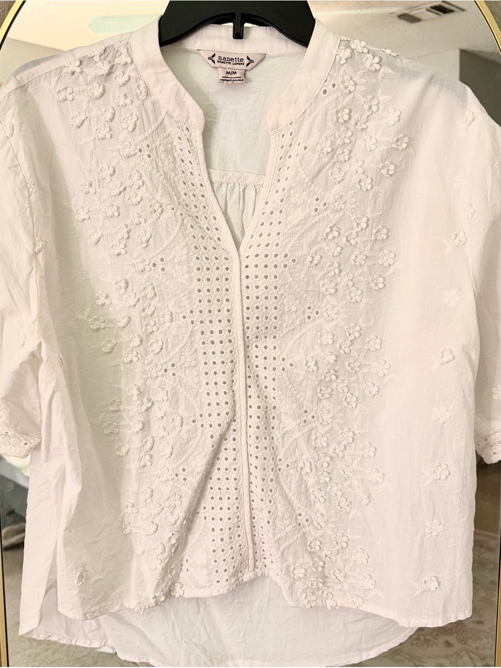 Nannette White Floral Eyelet Cotton Split-Neck Blouse